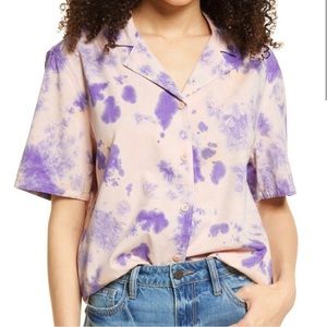 NWT BP Tie Dye Oversized Short Sleeve Button Down Shirt Pink Purple Size Medium